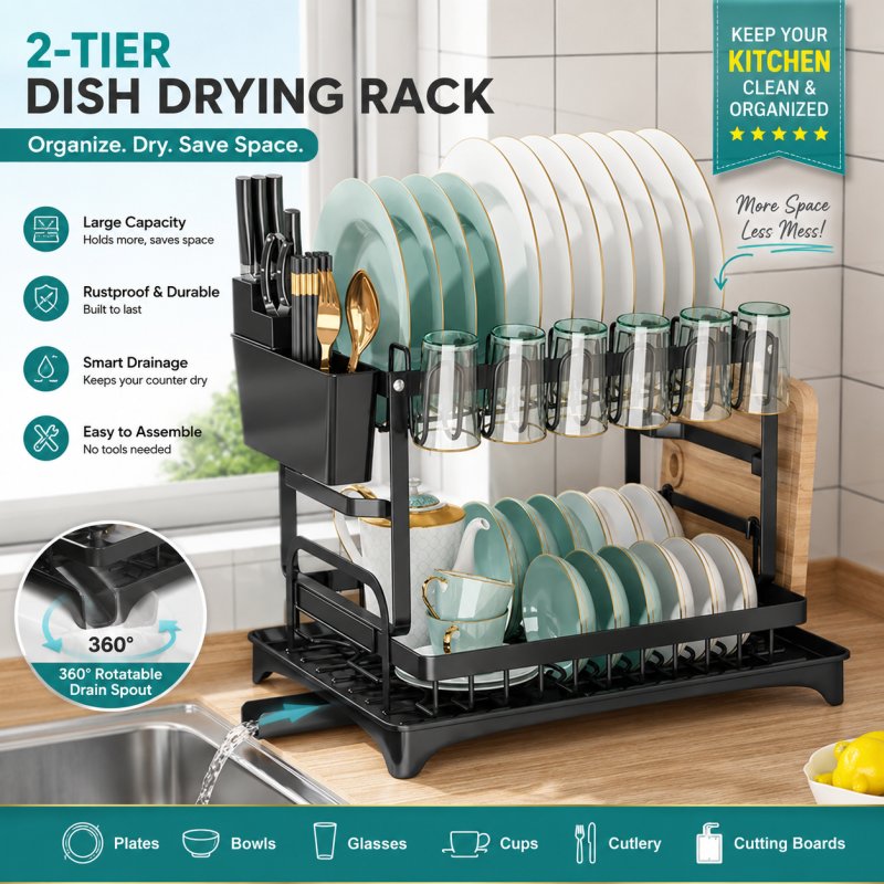 Dish Drying Rack- Space-Saving Dish Rack, Dish Racks for Kitchen (Black,2 Tier)