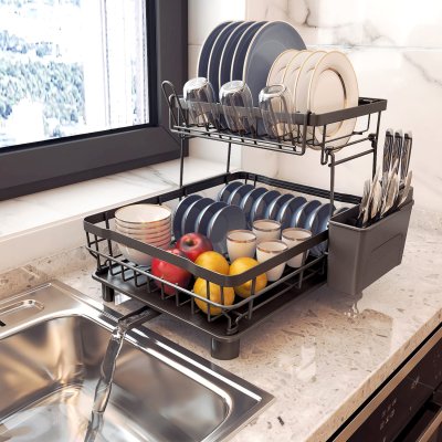 Dish Drying Rack- Space-Saving Dish Rack, Dish Racks for Kitchen (Black,2 Tier)