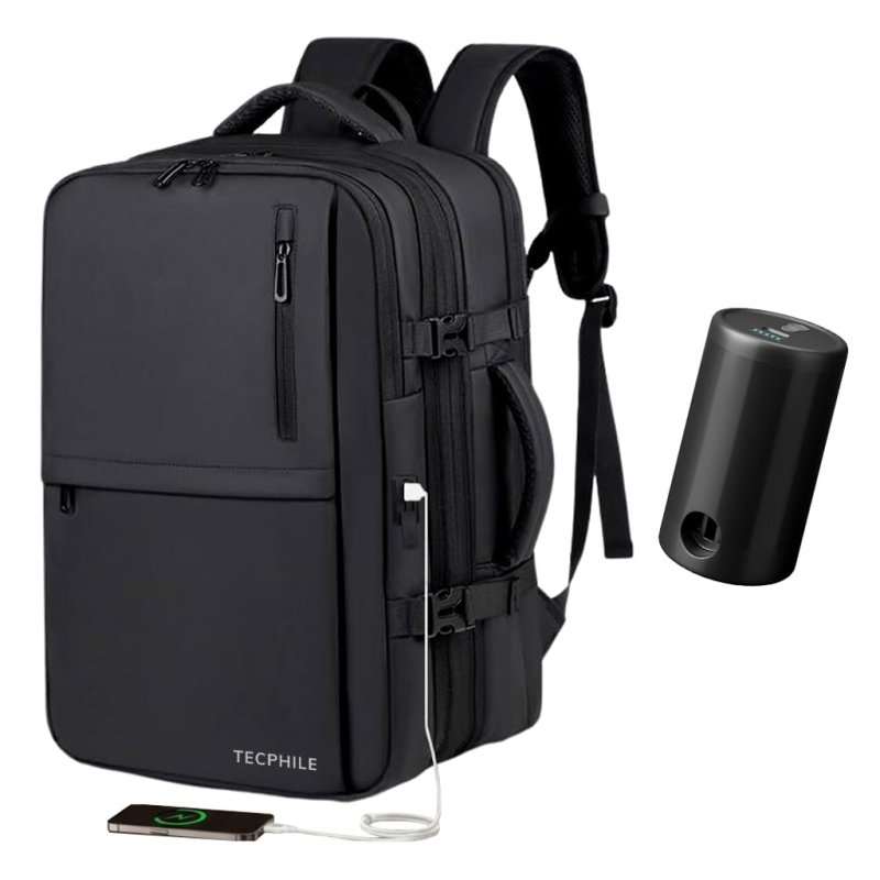 VacuPack Smart Travel Vacuum Compression Backpack with Electric Pump Fit for 17.3” Laptop Bag 30L-55L Expandable Large Capacity, Water-Resistant, USB & Type C Port, Anti-Theft 3 Pin Lock