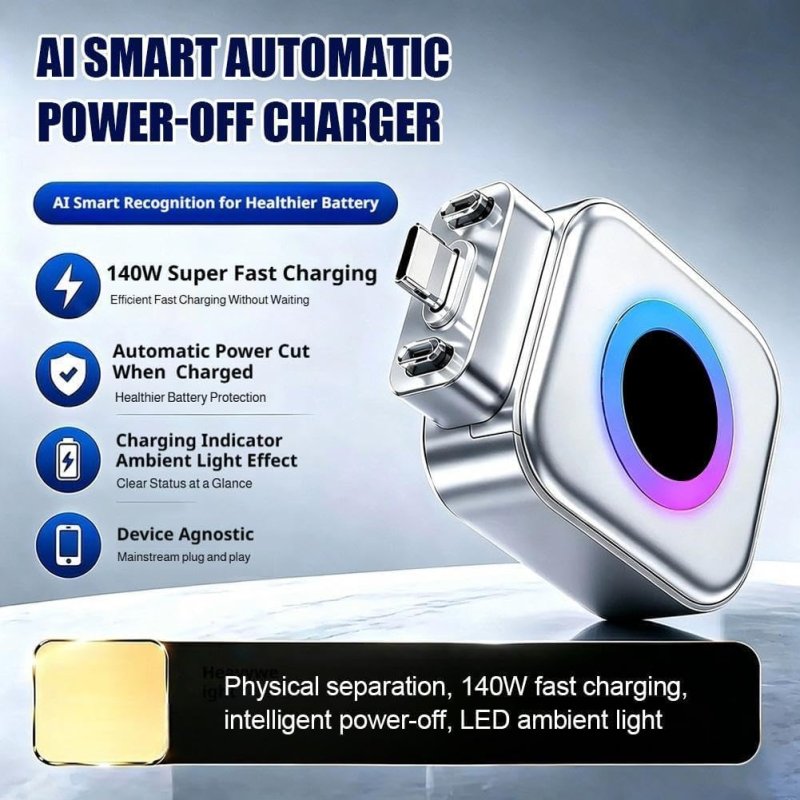 Smart Auto Stop Charge Smart Charger, 140W Auto Cut-Off Charger Protector with AI Full-Charge Disconnect, Prevent Battery Aging and Extend Equipment Lifespan for Type C Cable Phone Laptop