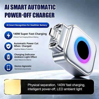 Smart Auto Stop Charge Smart Charger, 140W Auto Cut-Off Charger Protector with AI Full-Charge Disconnect, Prevent Battery Aging and Extend Equipment Lifespan for Type C Cable Phone Laptop