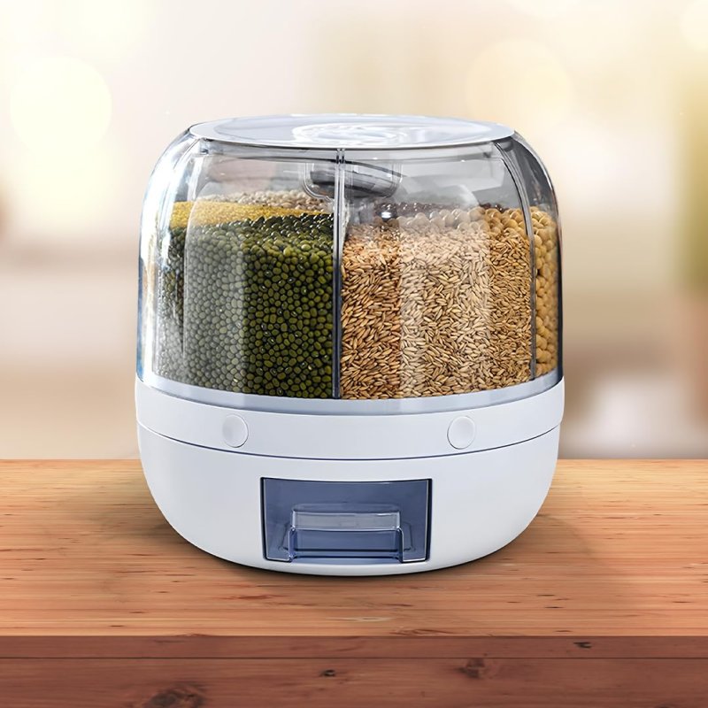 MYOZ 6-Grid Round Food Dispenser | 360° Rotating Transparent Grain Storage Container | Rotatable Dry Food Fruit Cereal Storage Box Container with Lid for Home and Kitchen (White)